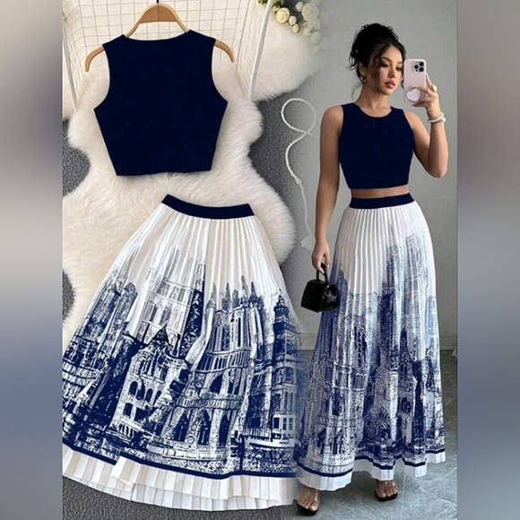 Women 2 Pieces Set: Solid Color Cropped Tank Top And Architecture Print Pleated - Picture 1 of 6